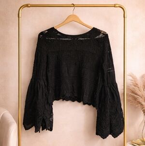 Free People Small Black Lace Bell Sleeve Blouse